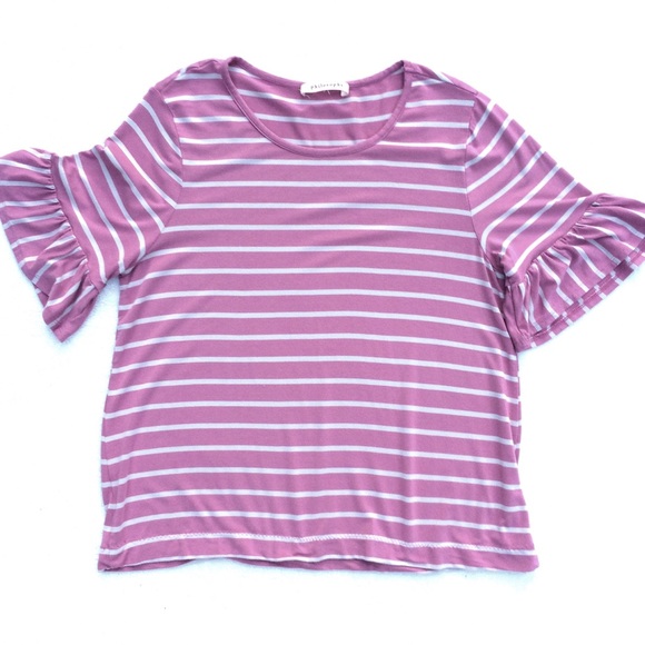 Ruffles striped blouse purple white shirt sleeve - Picture 2 of 5